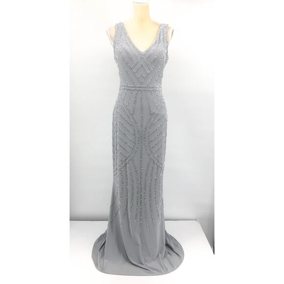 AQUA FORMAL Women's Embellished Column Gown Size 8 Silver Sleeveless NWT FLAW - Picture 5 of 16